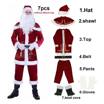 (as the picture, M) Adult Winter Christmas Costume 7pcs Deluxe Santa Claus Father Cosplay Full S