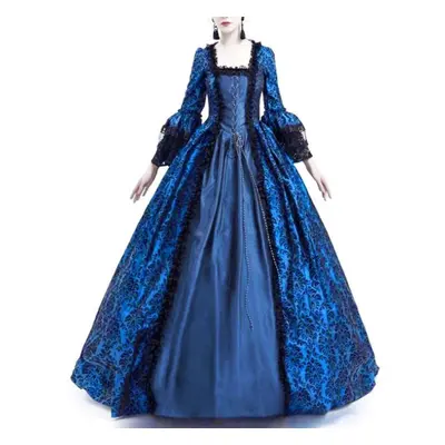 (navy, M) Women Retro Party Princess Cosplay Lace Floor Length Dress