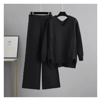 (black, OneSize) Autumn Winter V Neck Solid Color New Lazy Wind Knitted Wide Leg Pants Suit Wome