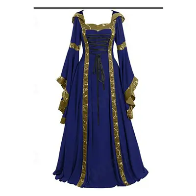 (blue, M) Women&apos;s Fashion European And American Medieval Retro Hooded Dress Square Neck Lac