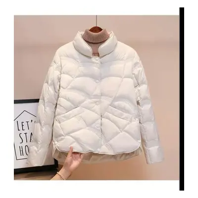 (beige, L) Winter Down Jacket Women Stand Collar Fashionable White Duck Down Coat