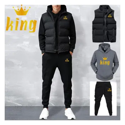 (dark grey, L) Men Casual Sets Vest + Hoodies + Pants Piece Tracksuit Male Sportswear Set