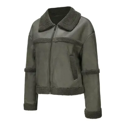 (green, M) Women's Suede Faux Leather Jackets Plush Fleece Lined Lapel Zipper Short Coat Long Sl