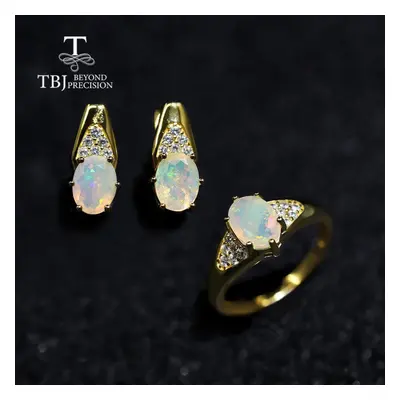 (white, us ring size 7#) New Arrival Jewelry Set Oval 6*8mm Natural Ethiopia Opal Ring Earring S