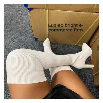 (white, 43) Women&apos;s High Heel Boots Autumn Winter Fashion Knitting Stretch Boots Women Retr