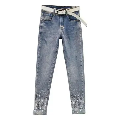 (light blue, S) Women Unique Pencil Pants Stretch Skinny Denim Jeans Solid Color With Rhinestone