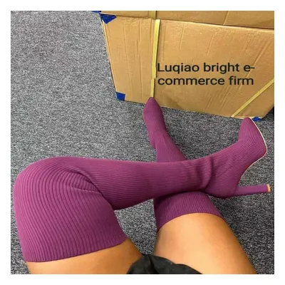 (purple, 37) Women&apos;s High Heel Boots Autumn Winter Fashion Knitting Stretch Boots Women Ret