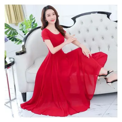 (red, 4XL) Chiffon Dress Women&apos;s Summer Large Size Medium Length Dress Short Sleeve Beach D