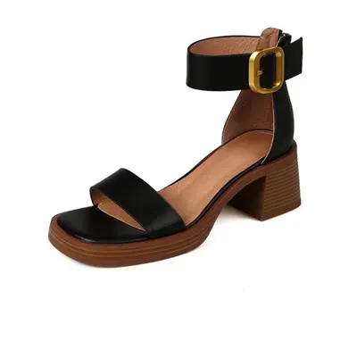 (black, 37) Taoffen Brand Genuine Cow Leather Sandals Block Mid Heels Women Roma Sandals Open To