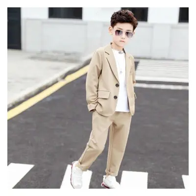 (khaki, 110cm) Boys Long Sleeve Casual Blazer Suits Jacket Trouser 2pcs School Uniform Teen Kids