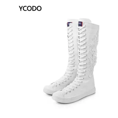 (white, 37) Spring Autumn Women Boots Canvas Mid Calf Boots Casual High Top Shoes Long Boots Lac