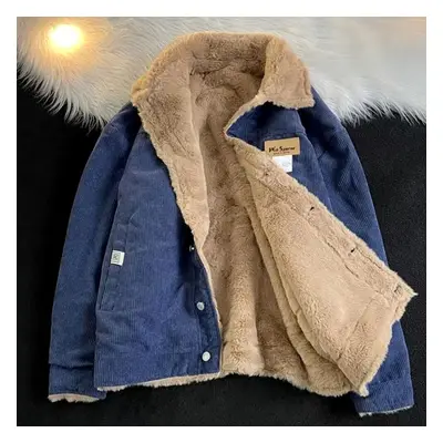 (blue, M) Men&apos;s Khaki Y2k Winter Thick Parkas Plus Velvet Loose Corduroy Down Coat Quality 