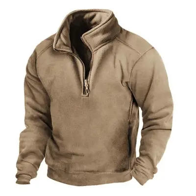 (khaki, XXL) Men&apos;s Fleece Warm V-neck Zipper Sweatshirt Outdoor Sports Coats Pullover Men&a