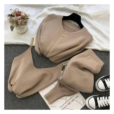 (khaki, M) 3pcs/set Knitted Sweater Suit Casual Chain Vest Knitted Jacket + Elastic Pants Three-