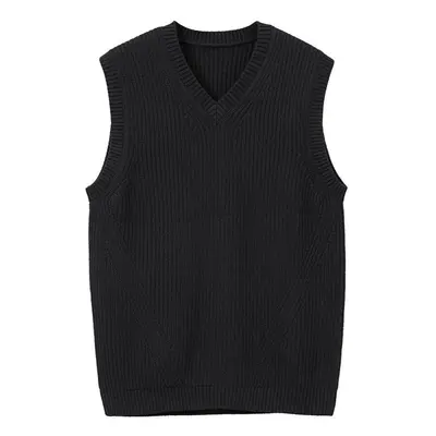 (black, XXL) Men&apos;s V-neck Knitted Sweater Vest Plain Sleeveless Pullover Knitwear Loose Fit