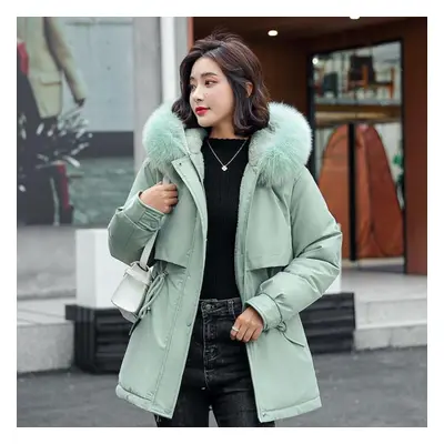 (green, S) Women&apos;s Winter Plus Velvet Large Fur Collar Slim Slimming Mid-length Cotton Jack