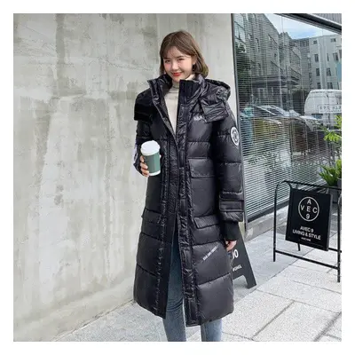 (black, XL) Women X-long Winter Jacket Glossy Hooded Windproof Warm Bio Down Coat Oversize Cotto