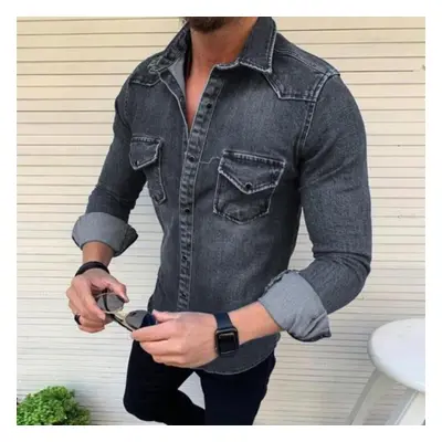 (slate gray, M) Fashion Men&apos;s Denim Jacket Long Sleeve Shirt