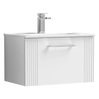 Retro Drawer Wall Hung Vanity Unit with Minimalist Tap Hole Ceramic Basin - 600mm - Satin White 