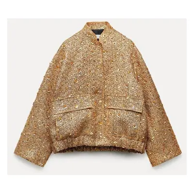 (as the picture, L) Sequin Shiny Stand Collar Jacket For Women Fall Winter Long Sleeve Gold Casu