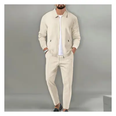 (khaki, S) Lapel Slim Fitting Male Coat Waffle Zipper Pocket Long Sleeved Sportswear Man Cardiga