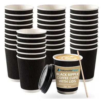 (1 Case (400)) Nationwide Paper Black Coffee Cups with Lids, Insulated Ripple Hot Paper Cups, Di