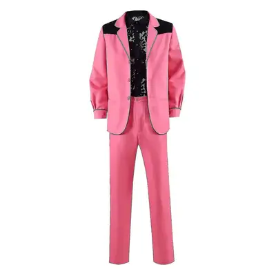 (M) Mens Suit Halloween Costume Rock N Roll Stage Outfit Pink Coat Trousers And Lace Shirt