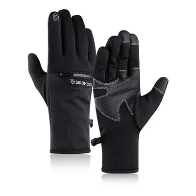 (Black, M) Outdoor Sports Non-slip Winter Warmth Ski Glove With Zipper Pocket For Men Women Wate