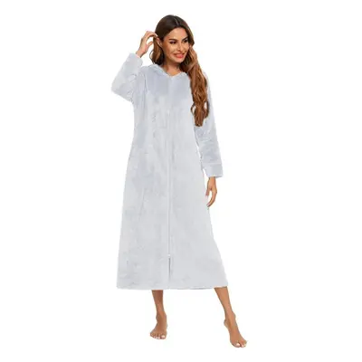 (light grey, M) Women&apos;s Zip Up Plush Fleece Robe Hooded Warm Long Bathrobe Dressing Gown Wi