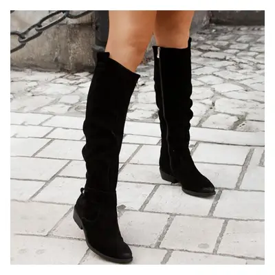 (black, 35) Women Knee High Boots Solid Color Suede Lady Flats Winter Warm Comfortable Female Sh