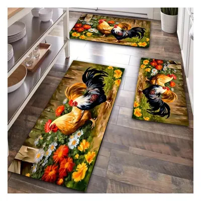 (120*160cm) 1/2pcs Rooster Flower Soft Kitchen Rug Anti-fatigue Kitchen Rug Waterproof Non-slip 