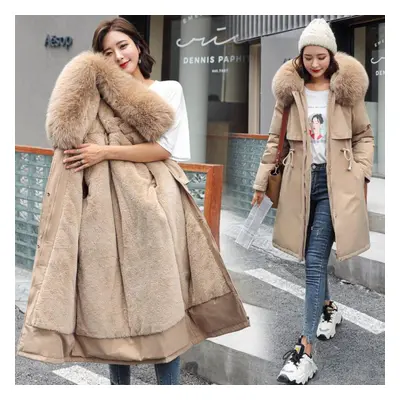 (tan, 3XL) Winter Jacket New Women Parka Clothes Long Coat Wool Liner Hooded Jacket Fur Collar T