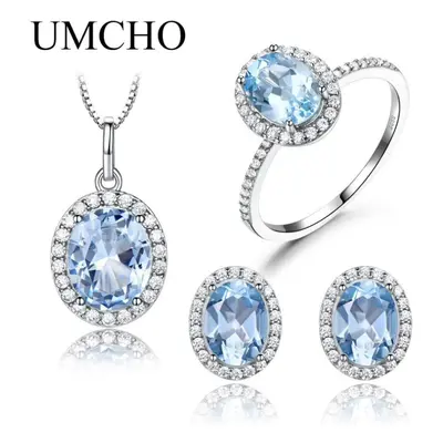 (sky blue, 7) Elegant Synthetic Oval Pink Sky Blue Cubic Zirconia Silver Necklace Ring Earring J