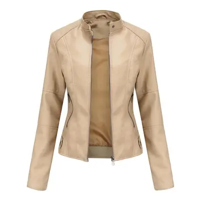 (apricot, S) Women Faux Leather Biker Jacket Pu Motorcycle Casual Zip Up Slim Coat Cropped Racer