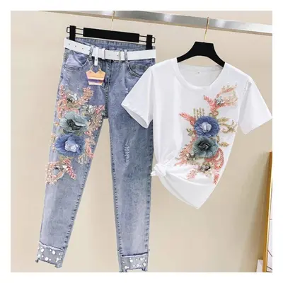 (white, XXL) Summer Women Loose Embroidery Short Sleeve Top And Cropped Jeans Suit Two-piece Set