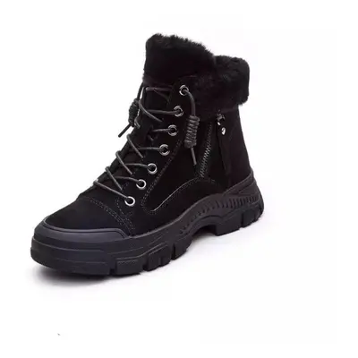 (black, 37) Winter Shoes Women Snow Boots Thick Sole Warm Plush Cold Winter Shoes Genuine Leathe