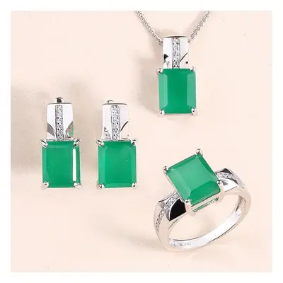 (green, US RING SIZE 8#) Green Agate Natural Gem Ring Earrings Necklace Jewelry Set Sterling Sil