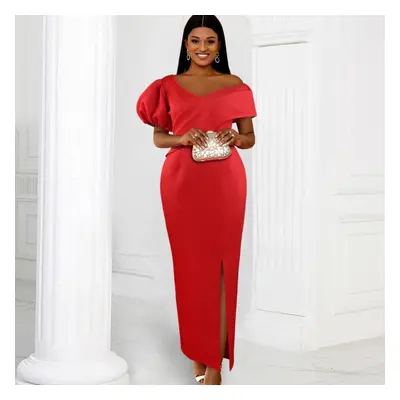 (red, 4XL) Aomei Red Formal Dresses Evening Gown Elegant Women Cold Shoulder V Neck Puff Sleeve 