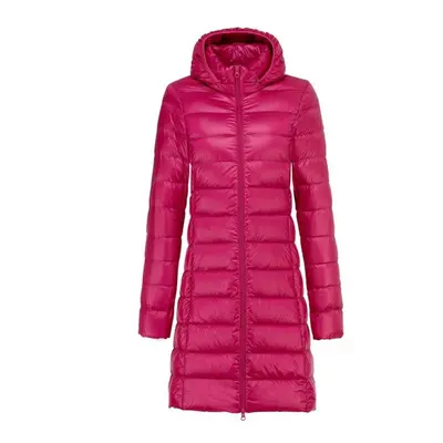 (rose red, L) Women Winter Long Puffer Coat Detachable Hood Lightweight Coat Invisible Zipper Ca