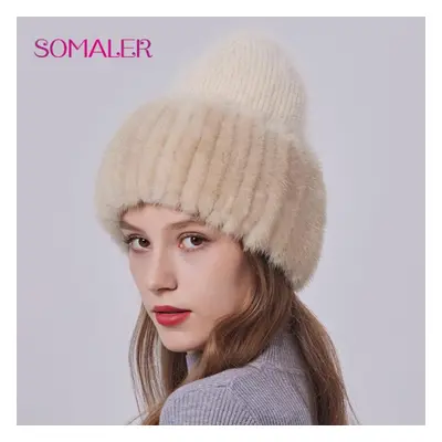 (beige) Somaler Winter Angoro Wool Knit Hats With Real Mink Fur Strips Brim Cuff Beanie For Wome