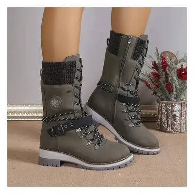 (green, 37) Women&apos;s Fashion Thermal Mid Calf Boots Knitted Splicing Lace Up Side Zipper Boo