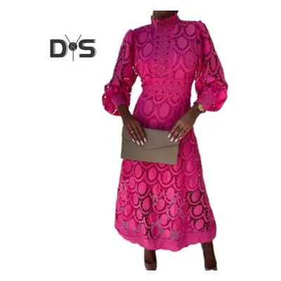 (rose red, XL) Women Dress Hollow Out Lace Stand Collar Bubble Sleeve Tight Waist See-through Do