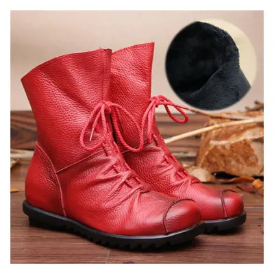 (red, 38) Genuine Leather Women Boots With Fur Soft Cowhide Women&apos;s Winter Shoes Ankle Boot