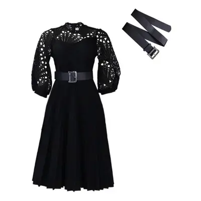 (black, S) Women&apos;s Dress Spring And Summer Plus Size Lace Crochet Sexy Hollow Pleated Dress