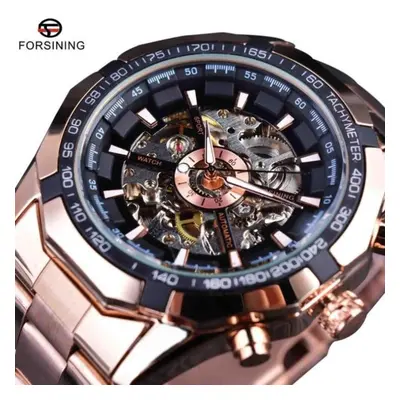 (rose gold) Forsining Stainless Steel Waterproof Mens Skeleton Watches Top Brand Luxury Transpar