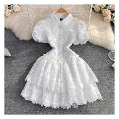 (white, S) Summer High Quality Women White Mesh Embroidery Flower Party Dress Sweet Girls Puff S