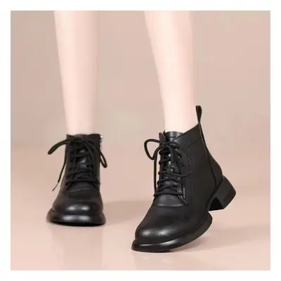 (black, 39) Women&apos;s Boots New Style Mid-calf Boots British Style Winter Thick-soled Leather