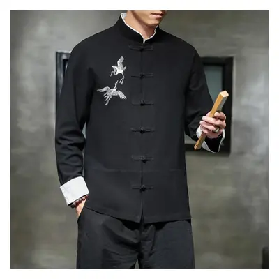 (black, XXL) Shirts Traditional Chinese Vintage Clothing Men&apos;s Half Sleeve Linen Solid Mada