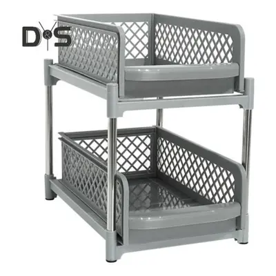 (grey, M) Sliding Under-sink Organizer Storage Rack Double-layer Design Large Capacity Strong Lo