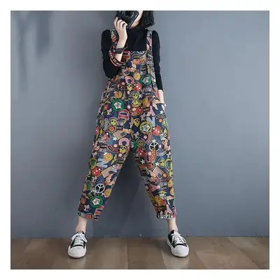 (as the picture, S) Loose Jeans Jumpsuit Women Casual Oversized Baggy Pants Big Pockets Flower P